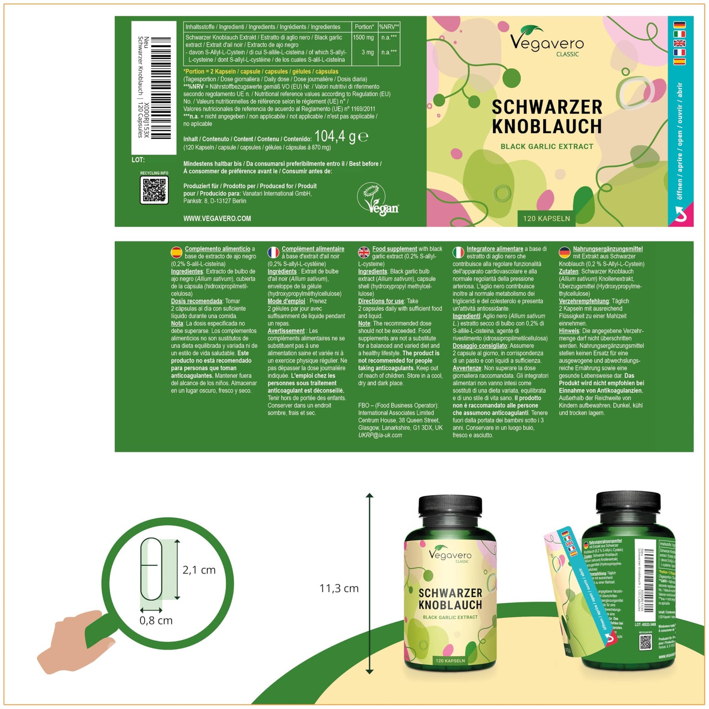 Vegavero Black Garlic Capsules 22,500 mg | High Strength 15:1 Extract | Odourless & Fermented | Standardised SAC | NO Additives, Lab-Tested | 120 Capsules | Vegan