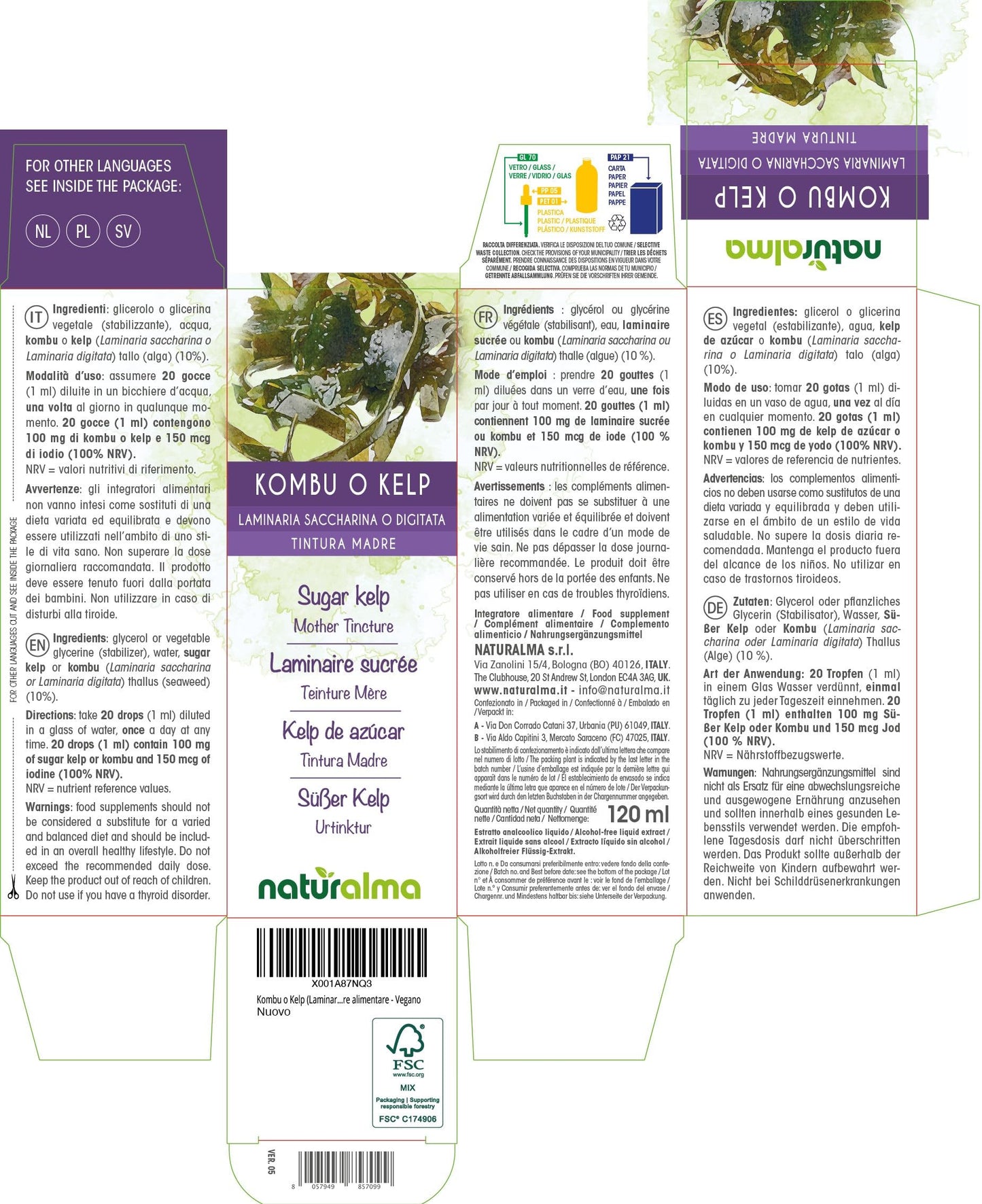 Sugar kelp or Kombu (Laminaria saccharina or L. digitata) Thallus (Seaweed) Alcohol-Free Mother Tincture Naturalma - Liquid Extract Drops 120 ml - Food Supplement - Vegan