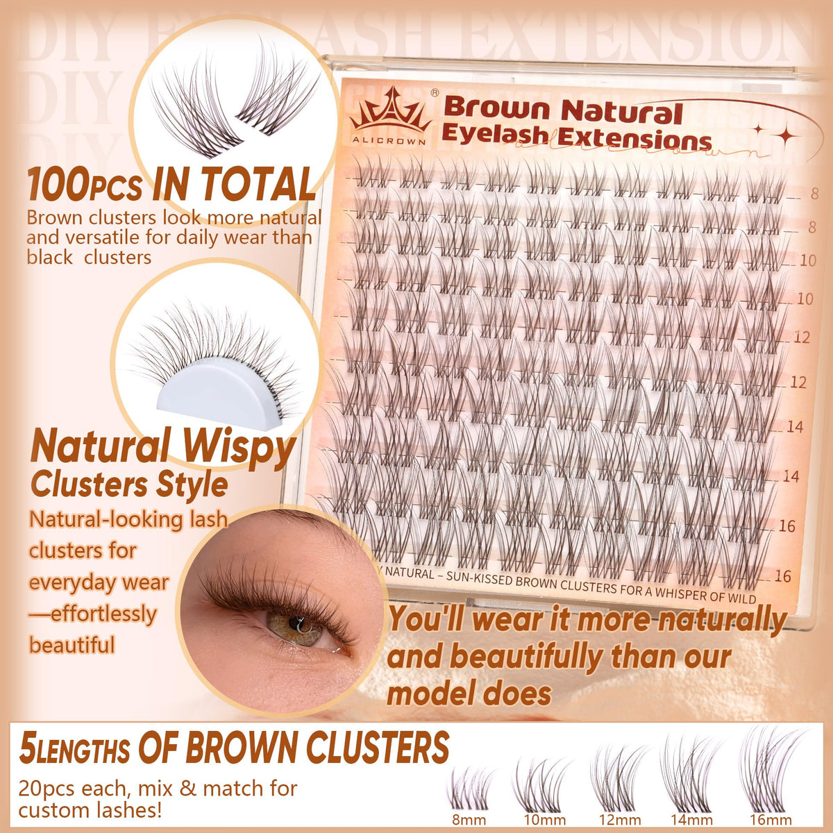 ALICROWN HAIR Brown Lash Clusters Natural Eyelash Clusters Wispy Individual Lash Extensions Brown Eyelash Extensions with Clear Bands Short DIY Eyelash Extensions at Home 100Pcs 8mm-16mm