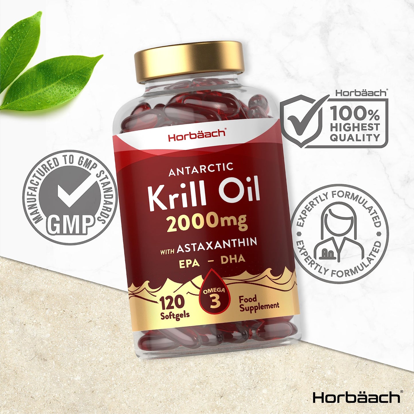Antarctic Krill Oil 2000mg | 120 Softgel Capsules | High Strength Supplement with Astaxanthin and Omega 3 Fatty Acids EPA/DHA | by Horbaach