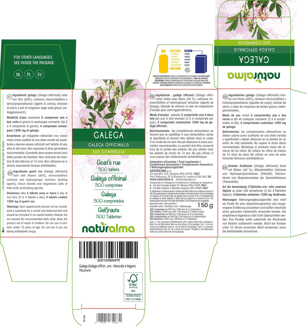 Goat's rue (Galega officinalis) herb with Flowers Naturalma - 150 g - 300 Tablets - Food Supplement - Natural and Vegan