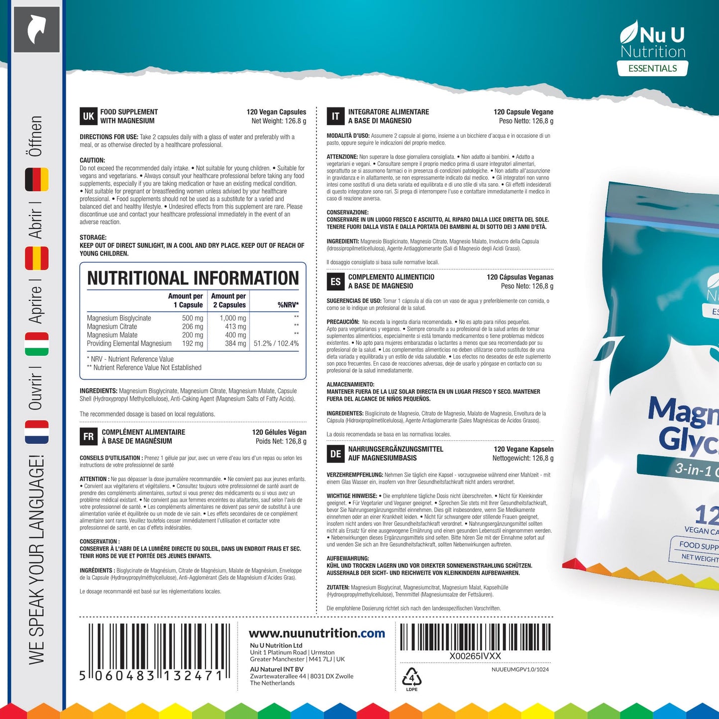 Magnesium Glycinate 3-in-1 Complex 1813mg - 120 Vegan Capsules - Triple High Absorption Bisglycinate, Citrate & Malate - 384mg Elemental Mag per Serving - Made in The UK - Nu U Nutrition