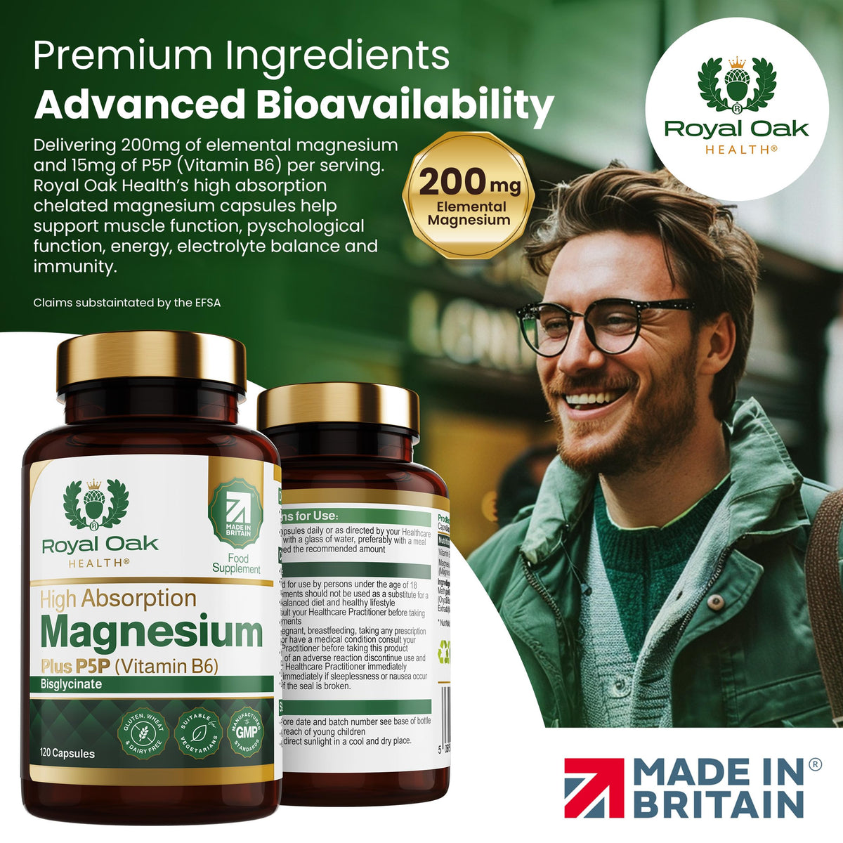 Magnesium Bisglycinate 200mg Plus P5P Vitamin B6 x120 Capsules | Advanced Chelated Formula for Optimal Absorption 200mg of High Strength Elemental Magnesium - Vegan & UK Made by Royal Oak Health