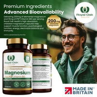 Magnesium Bisglycinate 200mg Plus P5P Vitamin B6 x120 Capsules | Advanced Chelated Formula for Optimal Absorption 200mg of High Strength Elemental Magnesium - Vegan & UK Made by Royal Oak Health