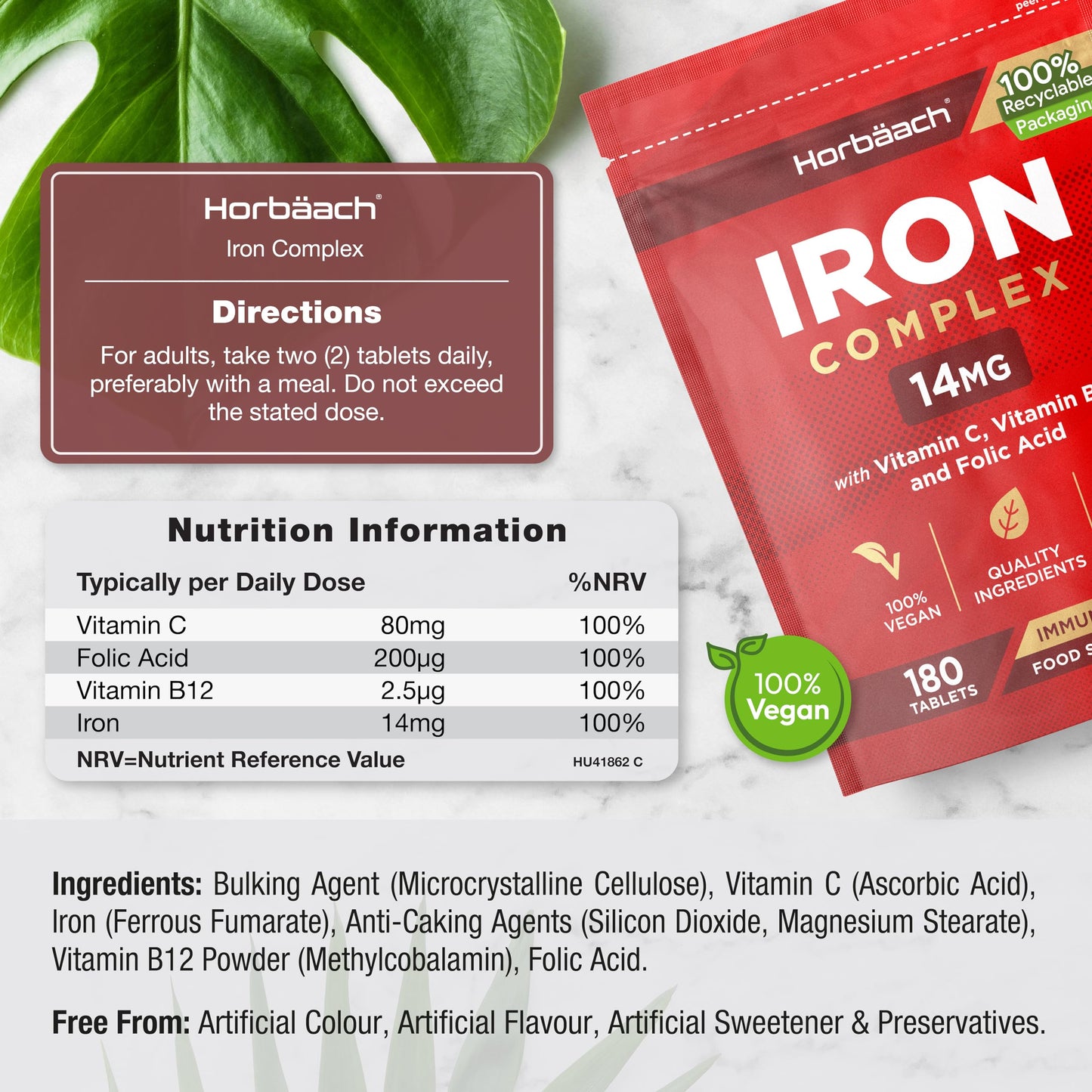 Horbäach Iron Tablets | High Strength Iron with Vitamin C, Folic Acid & Vitamin B12 | Supplement for Men & Women | 180 Vegan Tablets | by Horbaach