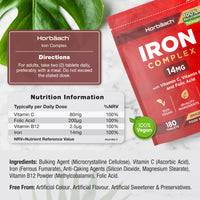 Horbäach Iron Tablets | High Strength Iron with Vitamin C, Folic Acid & Vitamin B12 | Supplement for Men & Women | 180 Vegan Tablets | by Horbaach