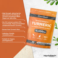 Horbäach Turmeric and Black Pepper Capsules 15,000mg | High Strength 95% Curcuminoids | 90 Vegan Capsules | Turmeric Root Extract Supplement | by Horbaach