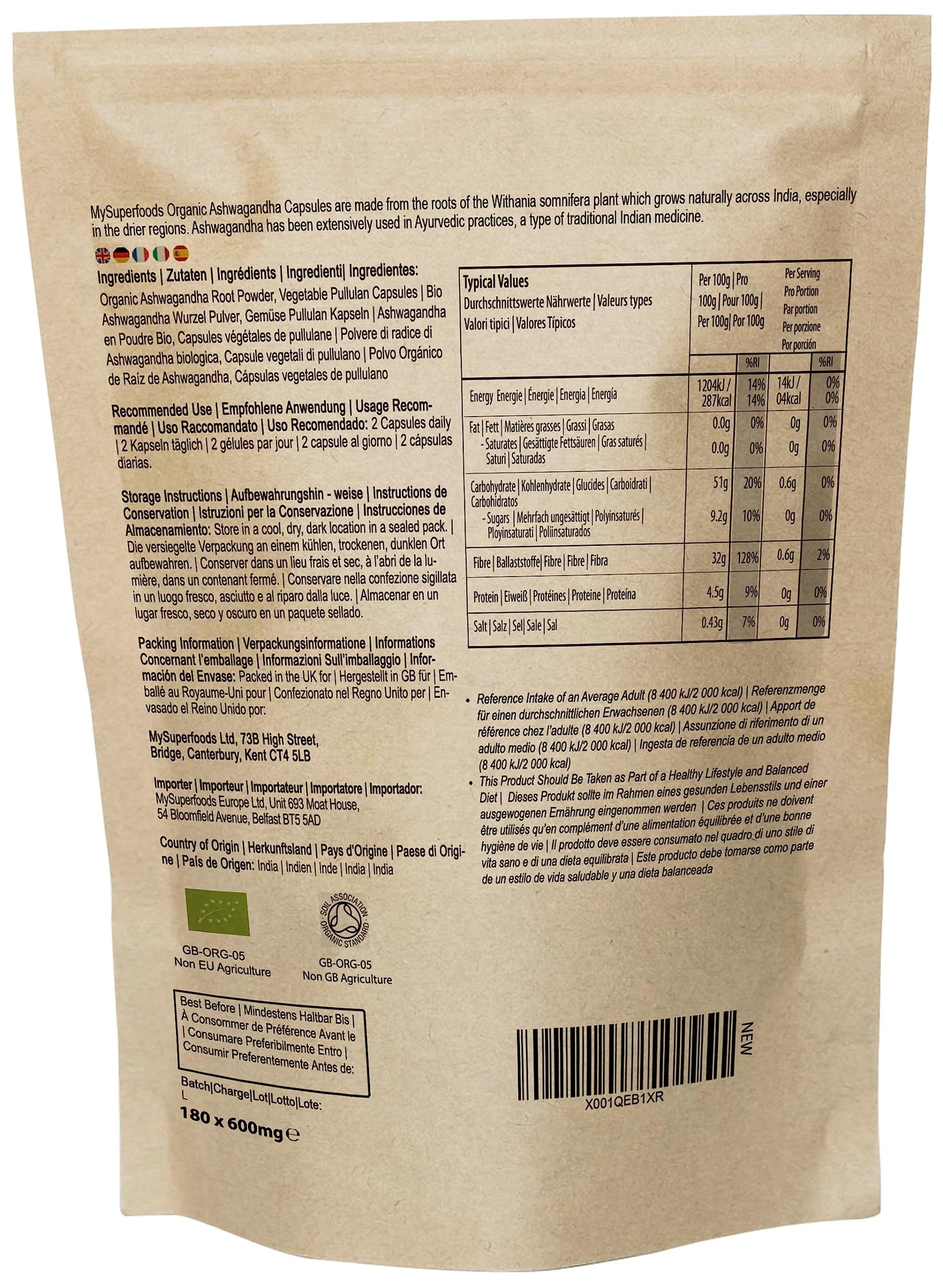 Ashwagandha Capsules | Organic | 1200mg per Serving | 180 Capsules | Stress Relief, Energy, Strength & Endurance | MySuperfoods