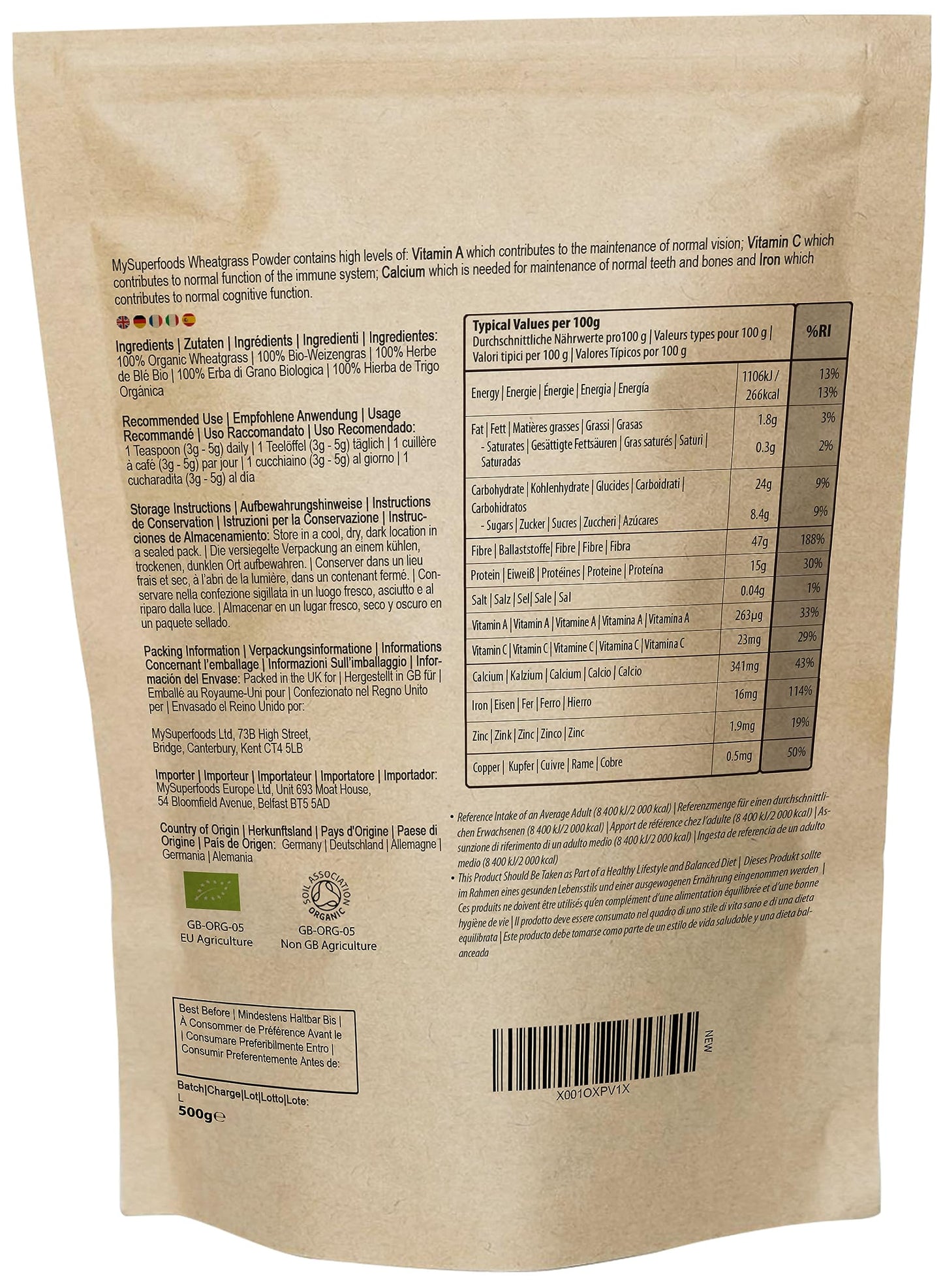 MySuperfoods Organic Wheatgrass Powder 500g, High Chlorophyll Content