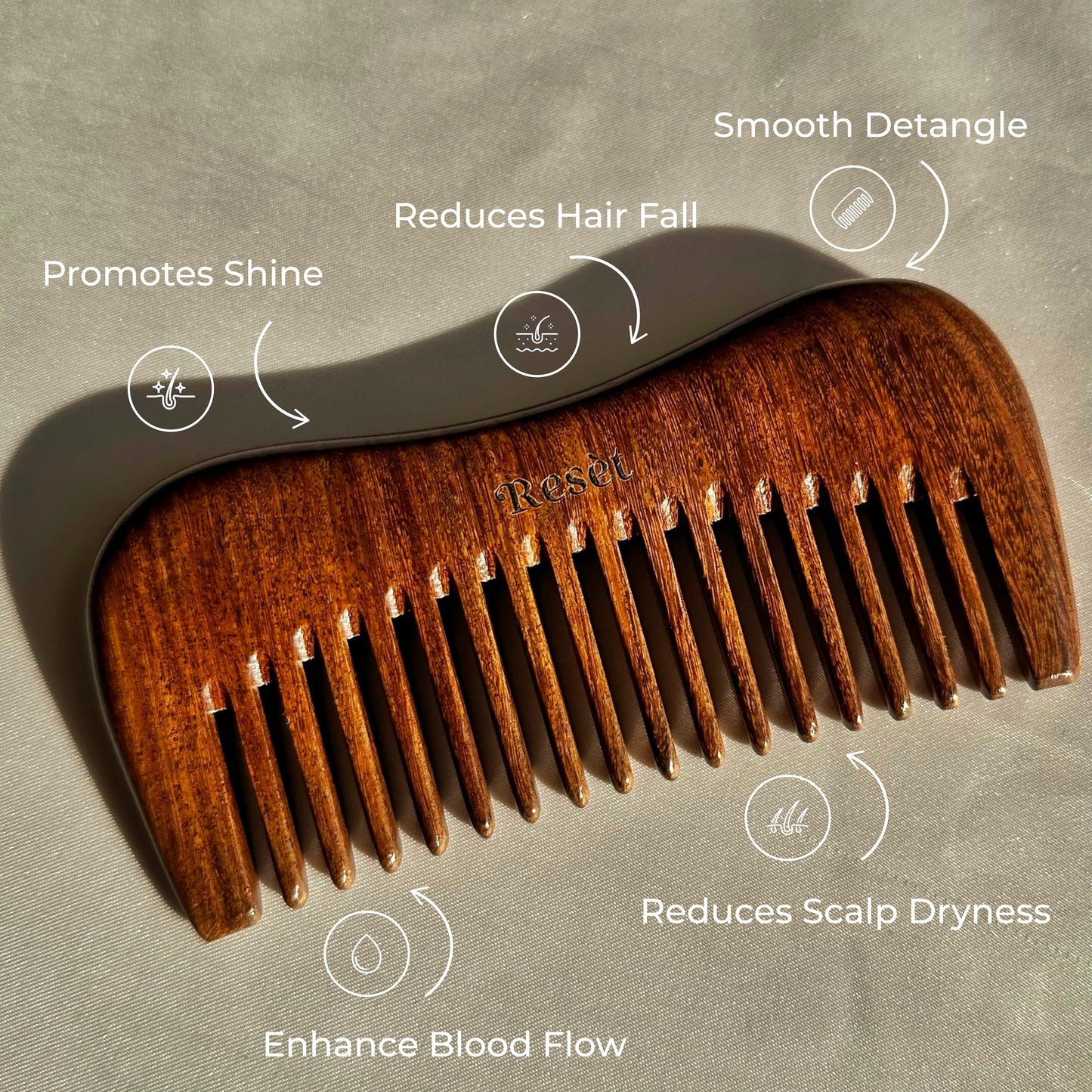 Resèt 100% Natural Handmade Sandalwood Comb | Soft Wide Tooth Wooden Comb for Wet and Dry Hair | Eco-Friendly Anti-Static Wooden Massage Comb | Wooden Hair Detangler for Men and Women