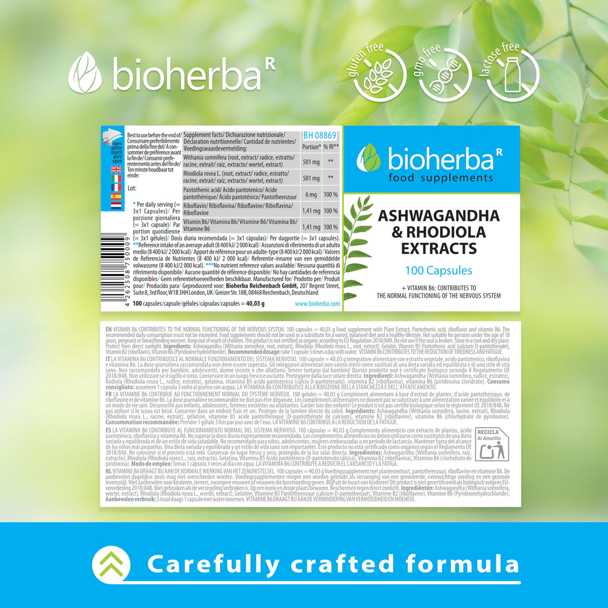Ashwagandha Rhodiola Supplement by BIOHERBA - 100 High-Potency Capsules for Stress Relief and Sleep Support for Adults