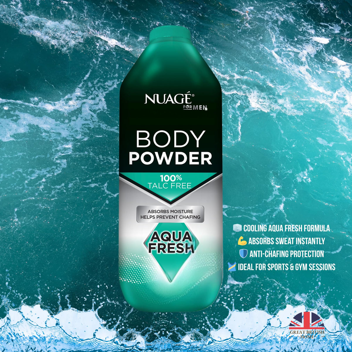 Great British Home New Nuage Talc Free Body Powder for Men Bundle – 250g Cool Musk & 250g Aqua Fresh – 2 Pk Talc Free Powder for Women & Men – Anti-Chafing & Fresh Skin by GBH