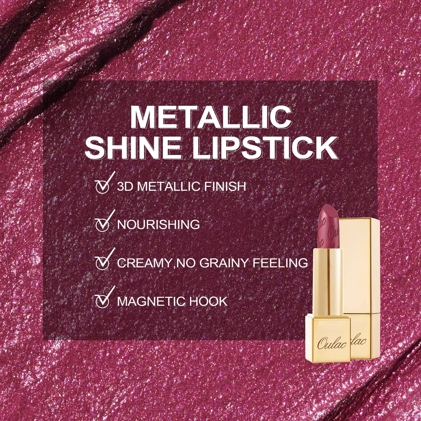 Oulac OULAC Metallic Shine Glitter Lipstick, Purple High Impact Lipcolor, Lightweight Soft and Ultra Hydrating, Long Lasting, Vegan & Cruelty-Free, Full-Coverage Lip Color 4.3 g/0.15 oz Love Particle(03)
