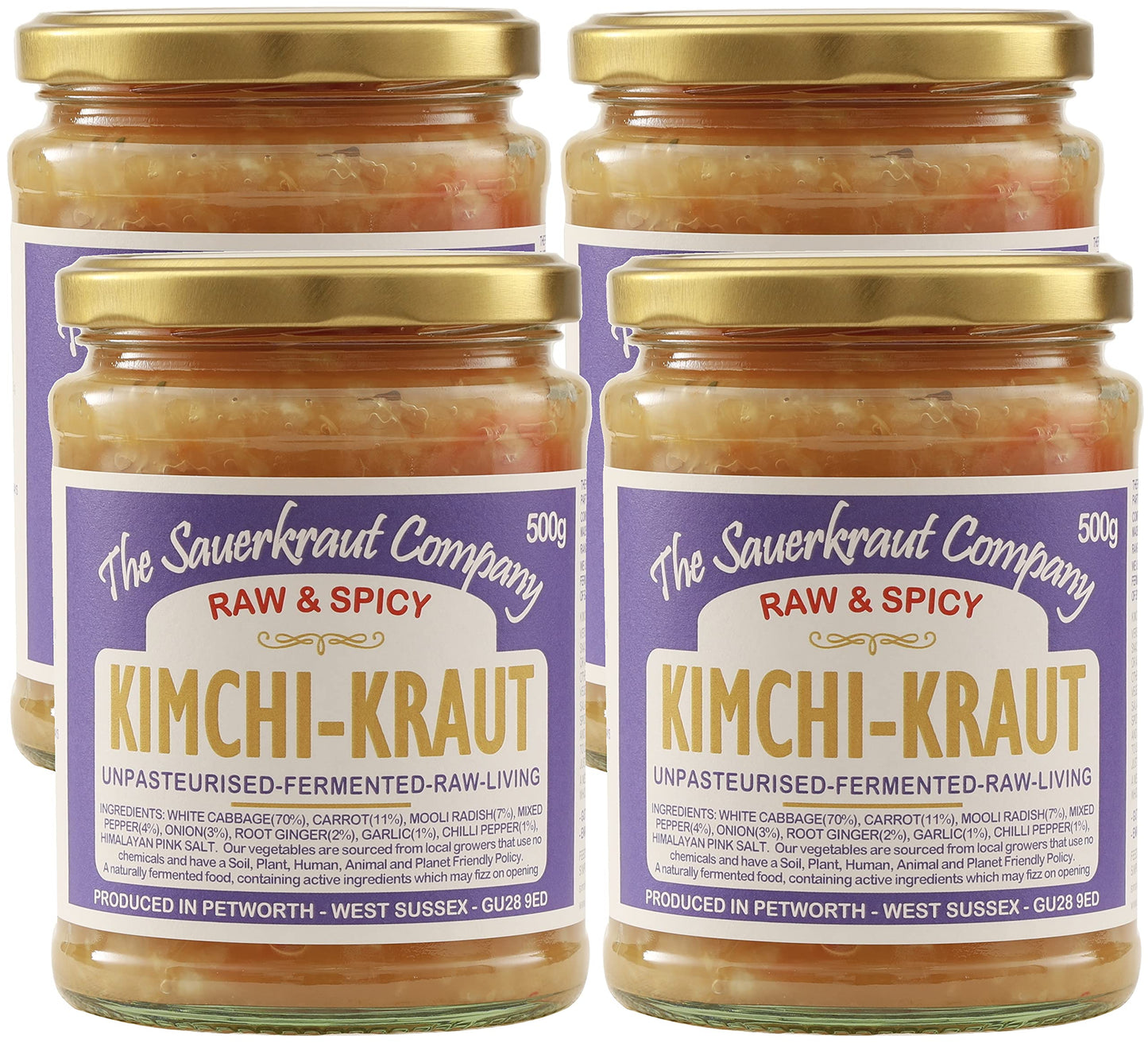 The Sauerkraut Co. Kimchi Kraut (4x500g) Spicy & Delicious, Packed Full of Pro-Gut Living Bacteria (Unpasteurised), Vital Vitamins & Minerals