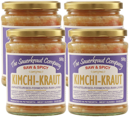 The Sauerkraut Co. Kimchi Kraut (4x500g) Spicy & Delicious, Packed Full of Pro-Gut Living Bacteria (Unpasteurised), Vital Vitamins & Minerals