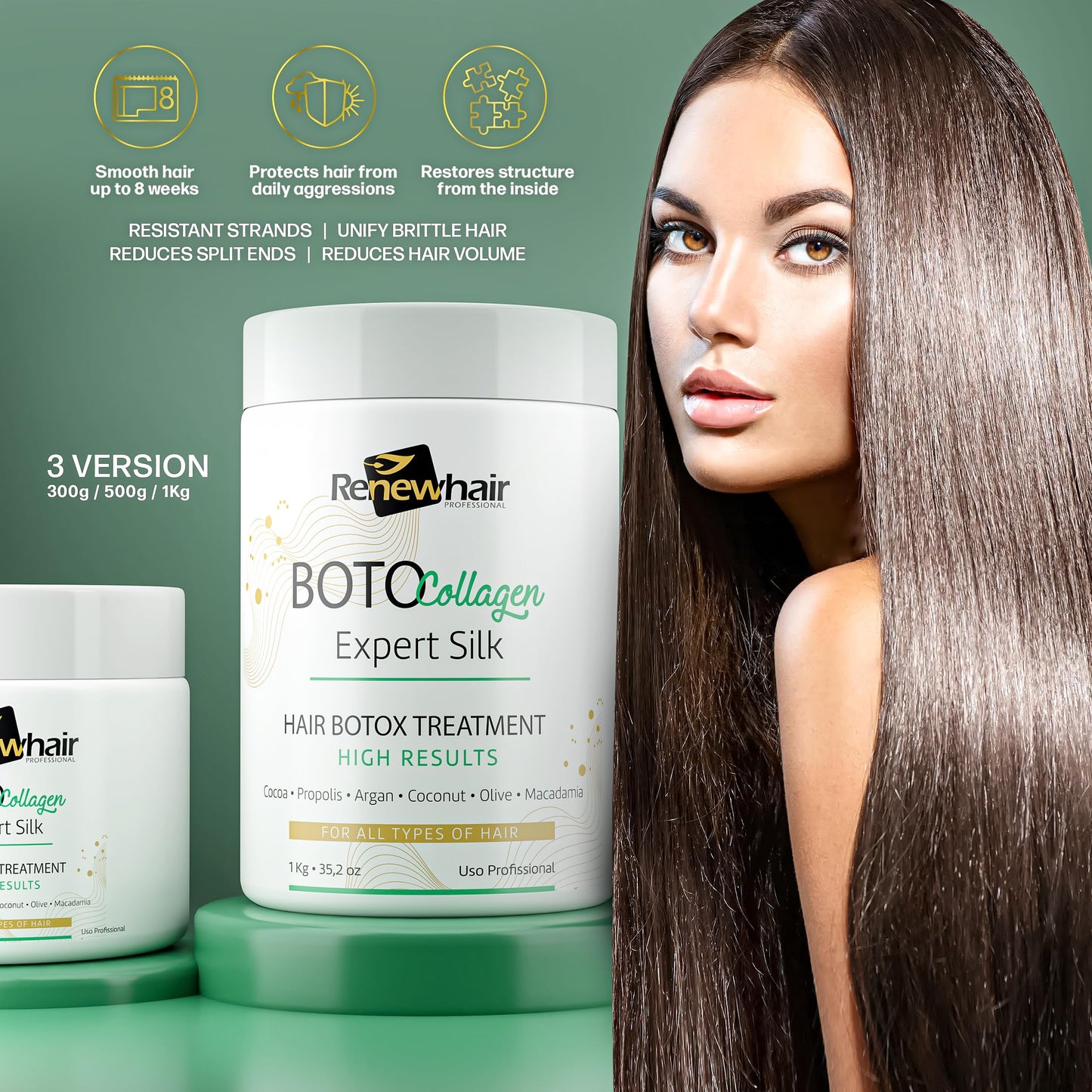 Renew Hair Professional BOTO COLLAGEN MASK HAIR EXPERT SILK 300g COLLAGEN,ARGAN,COCOA,MACADAMIAS traightening For Silky Smooth & Frizz Free Hair Smooth Renew