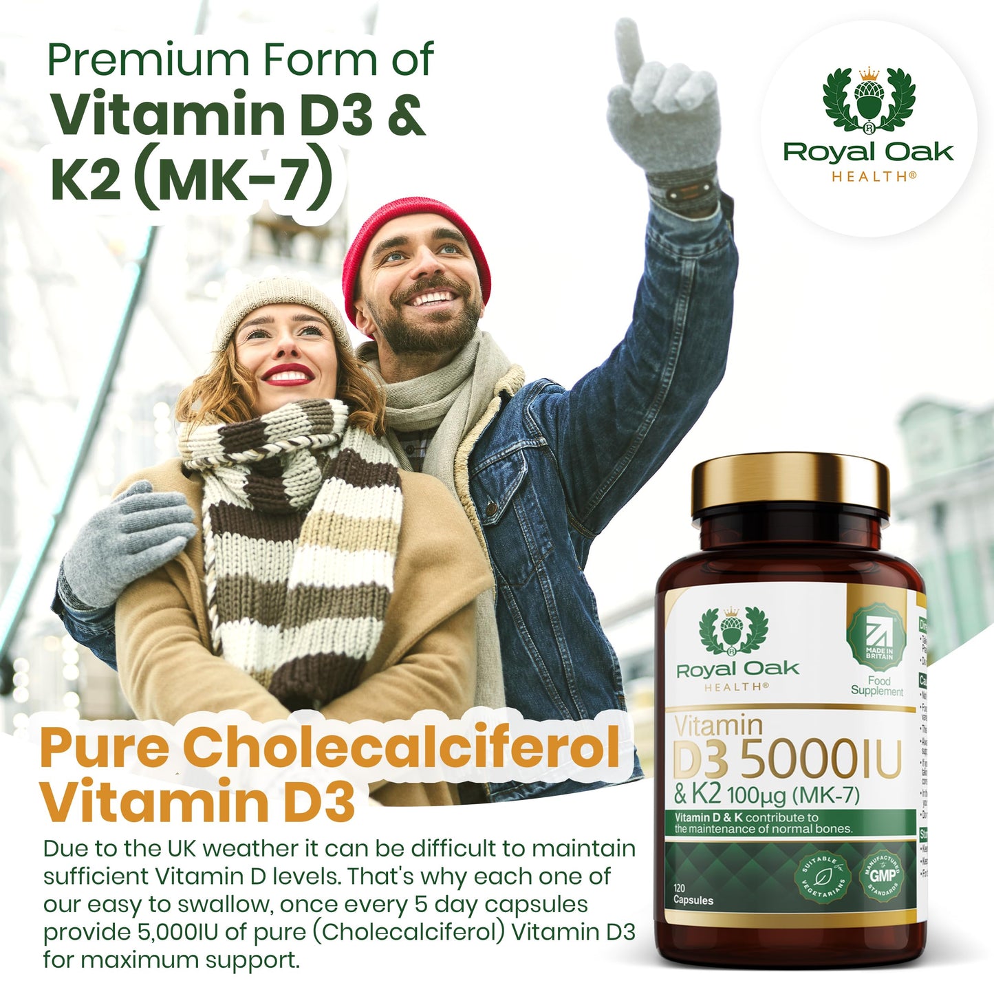 Vitamin D3 5000 IU & Vitamin K2 100mcg (MK-7) x120 Capsules - High Strength Vitamin D & K2 Supplement for Men & Women, Made in the UK by Royal Oak Health