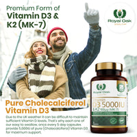 Vitamin D3 5000 IU & Vitamin K2 100mcg (MK-7) x120 Capsules - High Strength Vitamin D & K2 Supplement for Men & Women, Made in the UK by Royal Oak Health