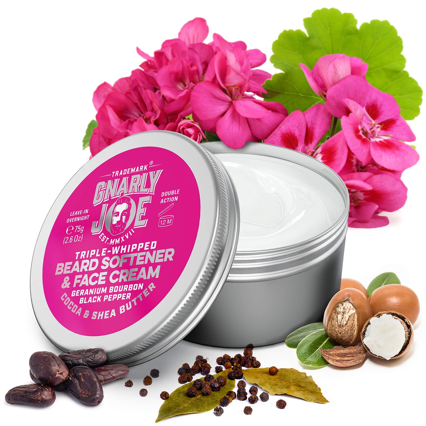 TRADEMARK GNARLY JOE EST.MMXVII Gnarly Joe Beard Softener & Face Cream - 85ml Beard Softener for Men with Triple-Whipped Cocoa & Shea Butter - Natural Beard Moisturiser, Conditioner & Cream - Geranium & Black Pepper Scent - UK Made