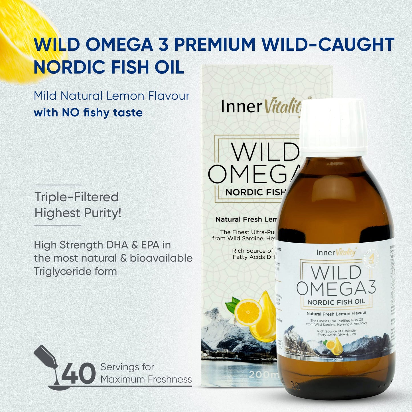 Omega 3 Fish Oil Liquid - Natural Fresh Lemon Flavour with NO Fishy Taste, High Strength DHA/EPA - 200ml Made from Wild Caught Nordic Fish Oil | 3rd Party Tested for Purity - Inner Vitality