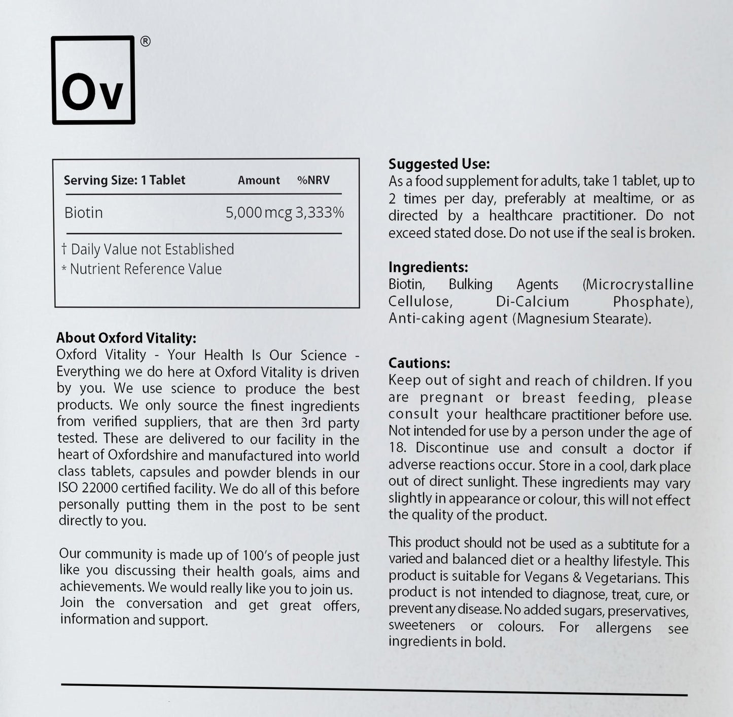 Ov OXFORD VITALITY Biotin Tablets 5000mcg | High Strength Supplement | Skin, Hair & Metabolism Support | Vegetarian and Vegan | Oxford Vitality