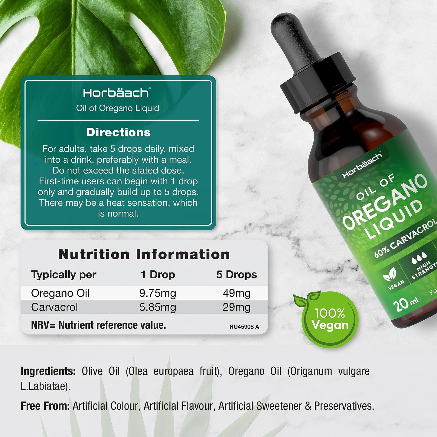 Horbäach Oregano Oil Drops | High Strength Oregano Liquid | 60% Carvacrol | 20ml Vegan Friendly Oil | Dietary Supplement | by Horbaach