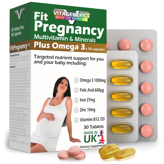 VitaGenerics VITAGENERICS FitPregnancy Multivitamin & Minerals Plus Omega 3, 30 Tablets Plus 30 Capsules, with Zinc, Iron & B Vitamins, Made in UK