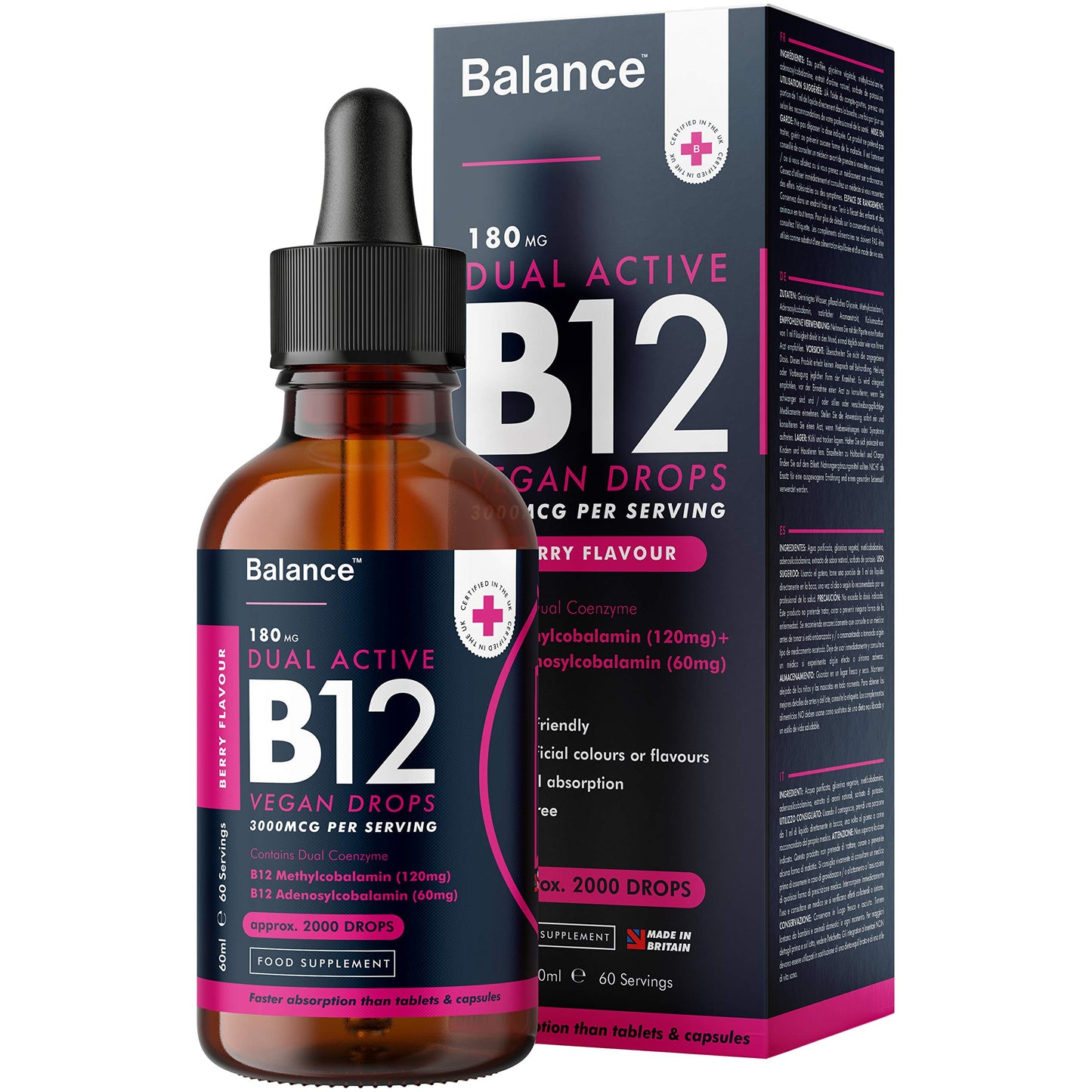 Balance Vitamin B12 Liquid Drops - High Strength 3000mcg - 60ml Dropper Bottle - Vegan Friendly - Sublingual and Dual Action for Fast Absorption - Gluten Free - Made in The UK