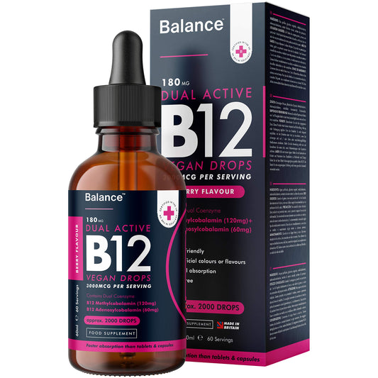 Balance Vitamin B12 Liquid Drops - High Strength 3000mcg - 60ml Dropper Bottle - Vegan Friendly - Sublingual and Dual Action for Fast Absorption - Gluten Free - Made in The UK