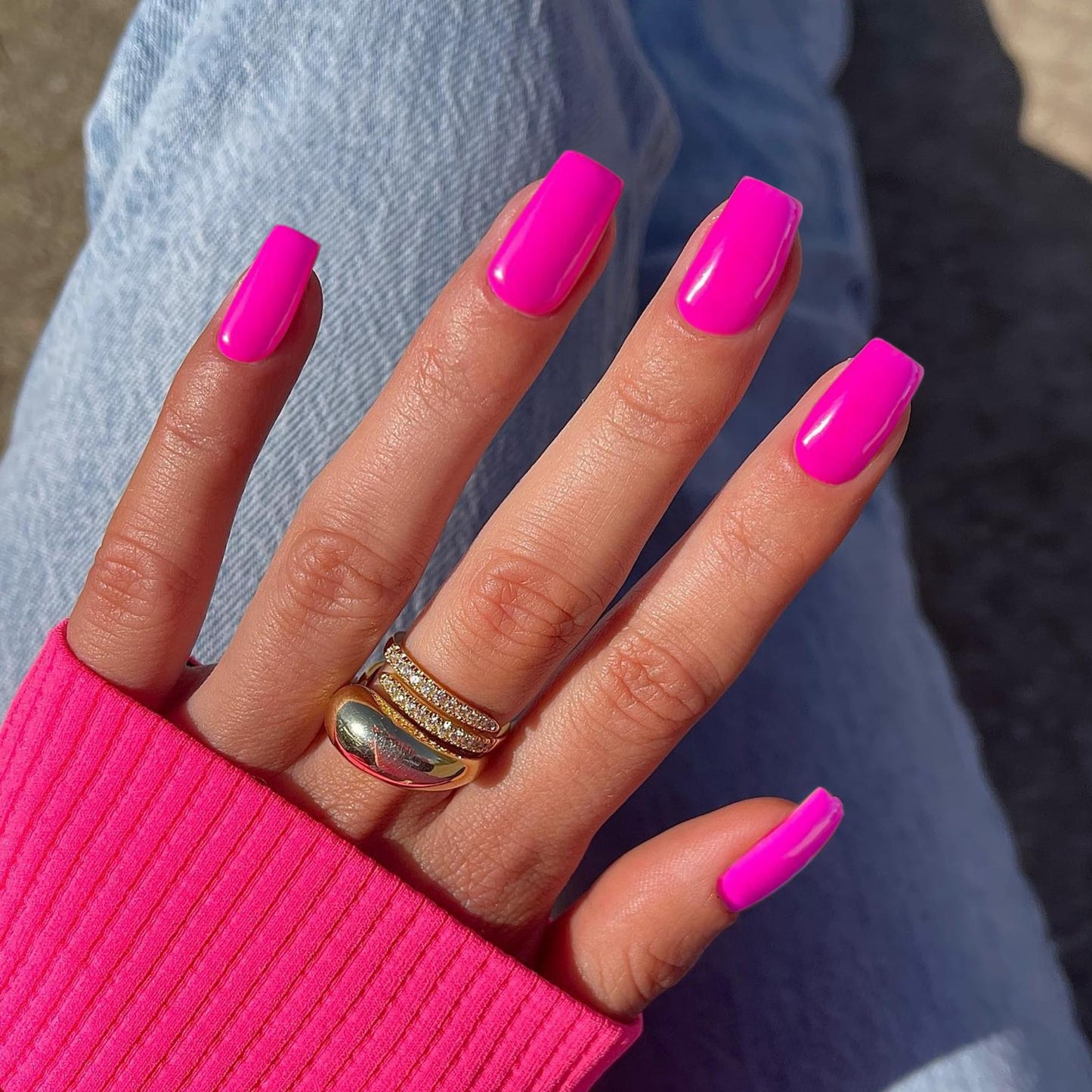 SXVME Hot Pink False Nails Short Medium Square, Gel Press on Nails Coffin Medium Glossy Fake Nails Set Solid Color Acrylic Nail Natural Fit Reusable Stick on Nail for Women Daily Wear, in 24 Pcs