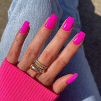 SXVME Hot Pink False Nails Short Medium Square, Gel Press on Nails Coffin Medium Glossy Fake Nails Set Solid Color Acrylic Nail Natural Fit Reusable Stick on Nail for Women Daily Wear, in 24 Pcs
