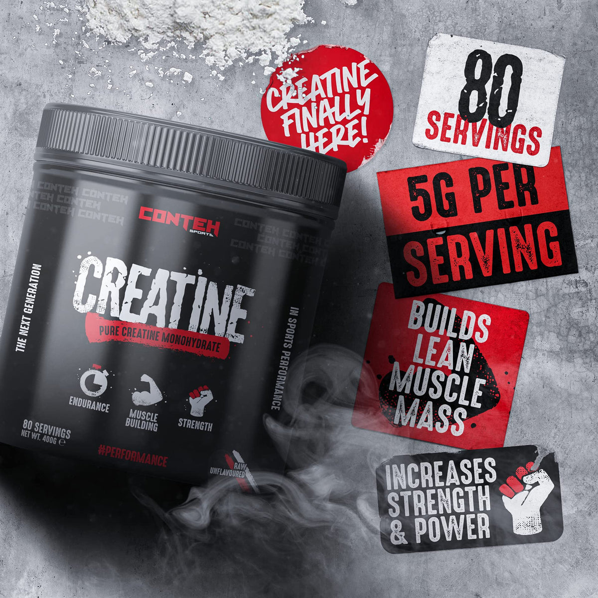 Conteh Sports Creatine Monohydrate -Micronized Powder, Increases High-Intensity Physical Performance. 400gram (80 Servings)