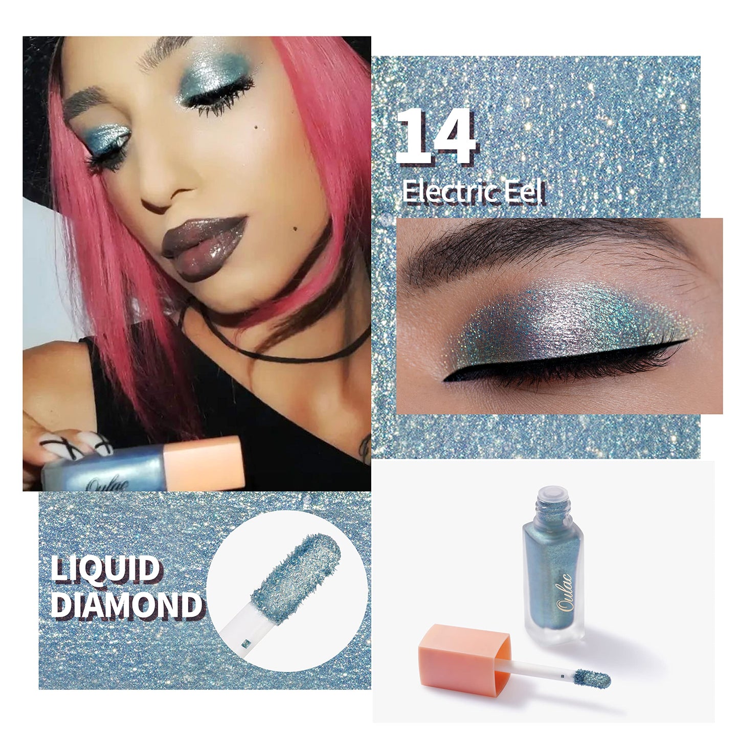 Oulac Liquid Glitter Eyeshadow – Shimmer Eyeshadow & Eyeliner | Shiny Teal with Gold and Emerald Sparkle, Blendable Sparkly Eye Make-up, Crease Resistant, Vegan, 6.8g, Electric Eel (14)