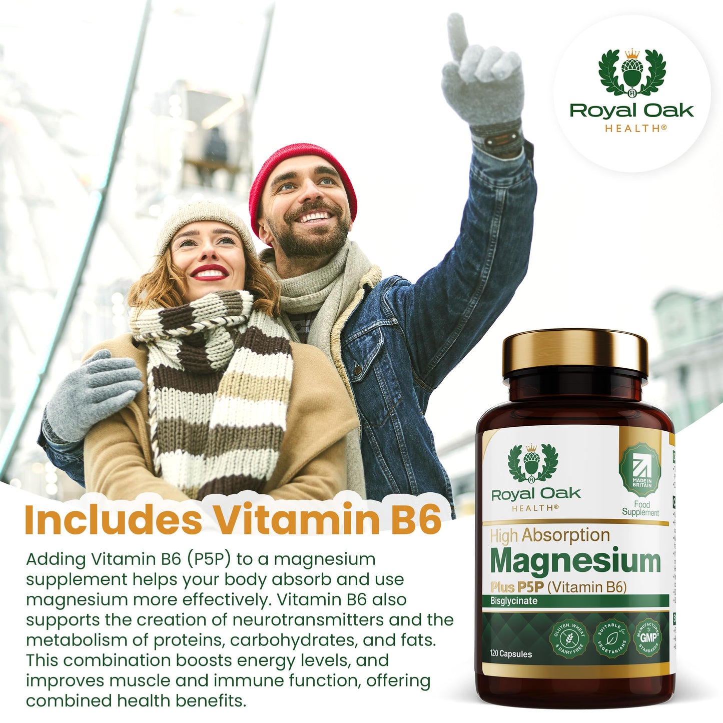 Magnesium Bisglycinate 200mg Plus P5P Vitamin B6 x120 Capsules | Advanced Chelated Formula for Optimal Absorption 200mg of High Strength Elemental Magnesium - Vegan & UK Made by Royal Oak Health