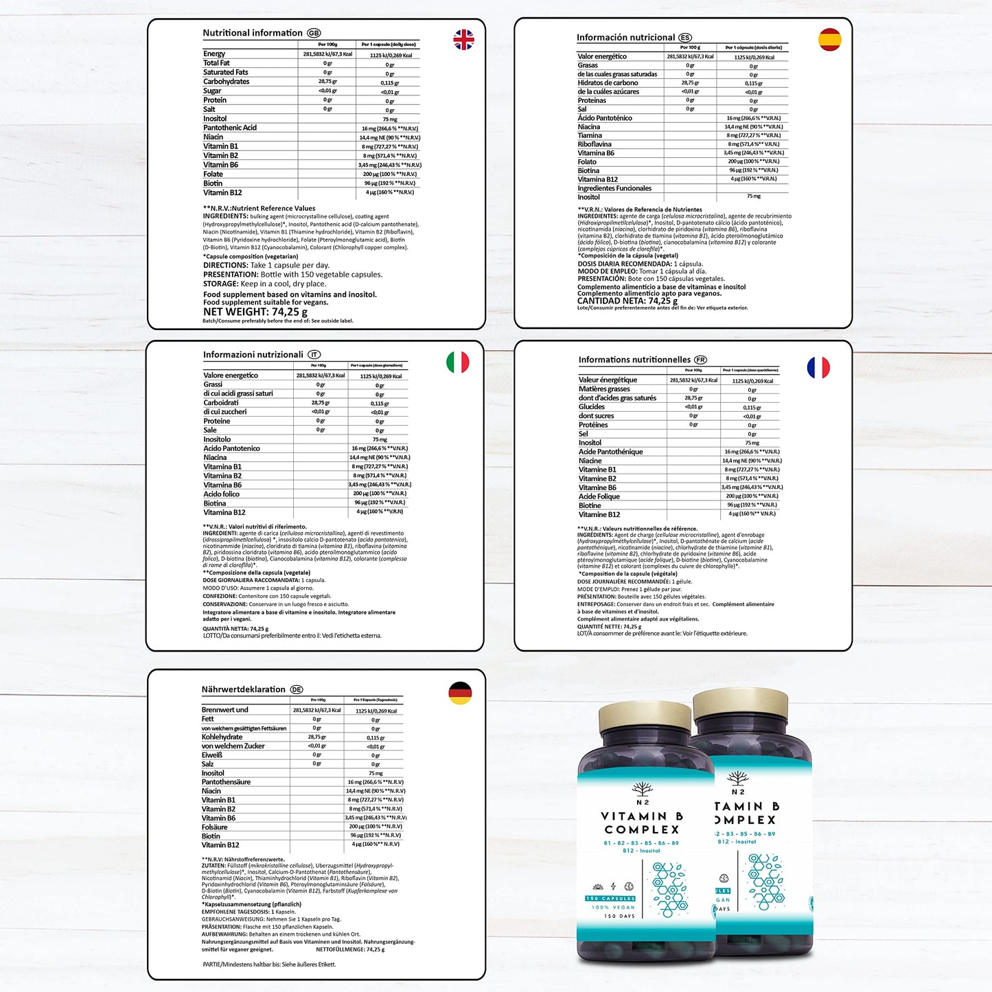Vitamin B Complex High Strength. Vitamin B12, B9 (folic Acid), B7 (Biotin), B6, B5, B3, B2, B1,Inositol. Improves Mental Performance and Reduces Fatigue. 150 Capsules. Vegan. CE. N2 Natural Nutrition
