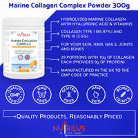 Nutrilus Hydrolysed Marine Collagen Powder 300g with Hyaluronic Acid and Vitamins - 29 Servings - with Biotin, Folic Acid, B12 & more - High Protein - for Skin, Hair, Nails, Joints (Orange)