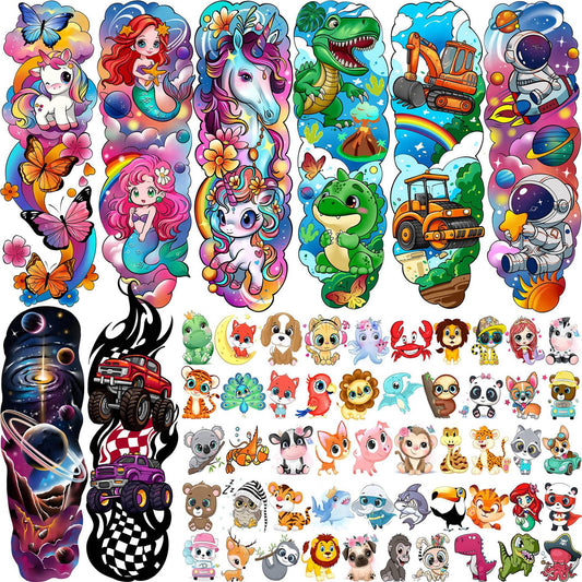 LAROI 58 PCS Cartoon Unicorn Mermaid Temporary Tattoo For Kids Girls Boys, Full Arm Animals Dinosaur Car Space Monster Truck Butterfly Body Face Fake Sleeve Tattoos Stickers Birthday Gifts Party Supplies