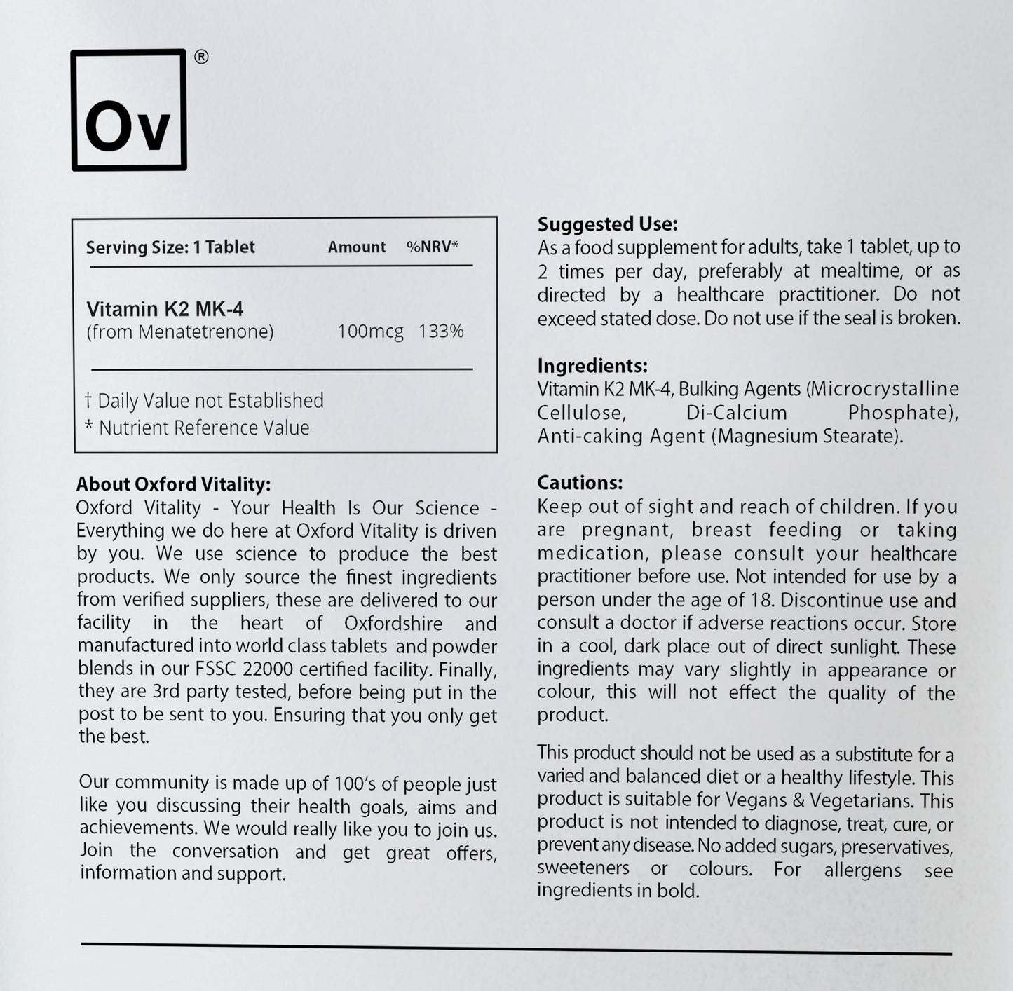 Vitamin K2 MK-4 Tablets | 100mcg Supplement for Blood & Bone Health | Oxford Vitality