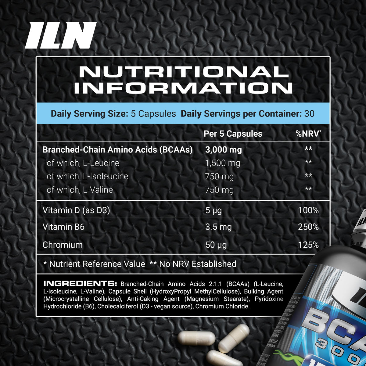 Iron Labs Nutrition ILN – BCAA Capsules 3000mg – 2:1:1 Amino Acid Supplements (150 Capsules – 1 Month Supply) – Vegetarian BCAA Tablets