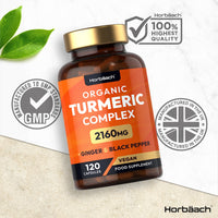 Organic Turmeric and Black Pepper Capsules | 2160mg | High Strength Curcumin with Ginger | 120 Vegan Capsules | by Horbaach