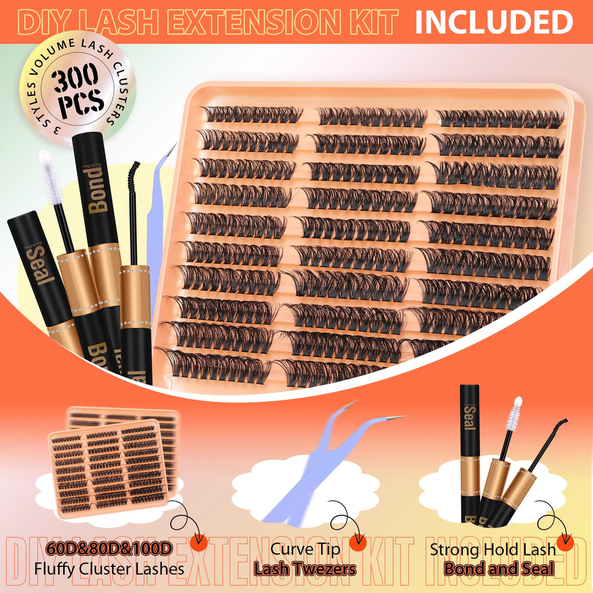 JIMIRE 300Pcs Eyelash Extension Kit Fluffy 60D+80D+100D Cluster Lashes Kit with Bond and Seal Lash Glue Natural Individual Eyelashes 10-18MM Lashes Individual Cluster Kit