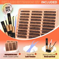 JIMIRE 300Pcs Eyelash Extension Kit Fluffy 60D+80D+100D Cluster Lashes Kit with Bond and Seal Lash Glue Natural Individual Eyelashes 10-18MM Lashes Individual Cluster Kit