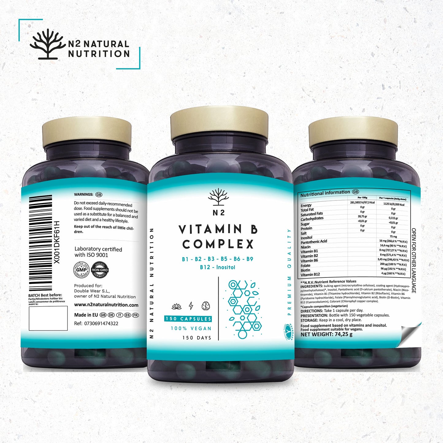 Vitamin B Complex High Strength. Vitamin B12, B9 (folic Acid), B7 (Biotin), B6, B5, B3, B2, B1,Inositol. Improves Mental Performance and Reduces Fatigue. 150 Capsules. Vegan. CE. N2 Natural Nutrition