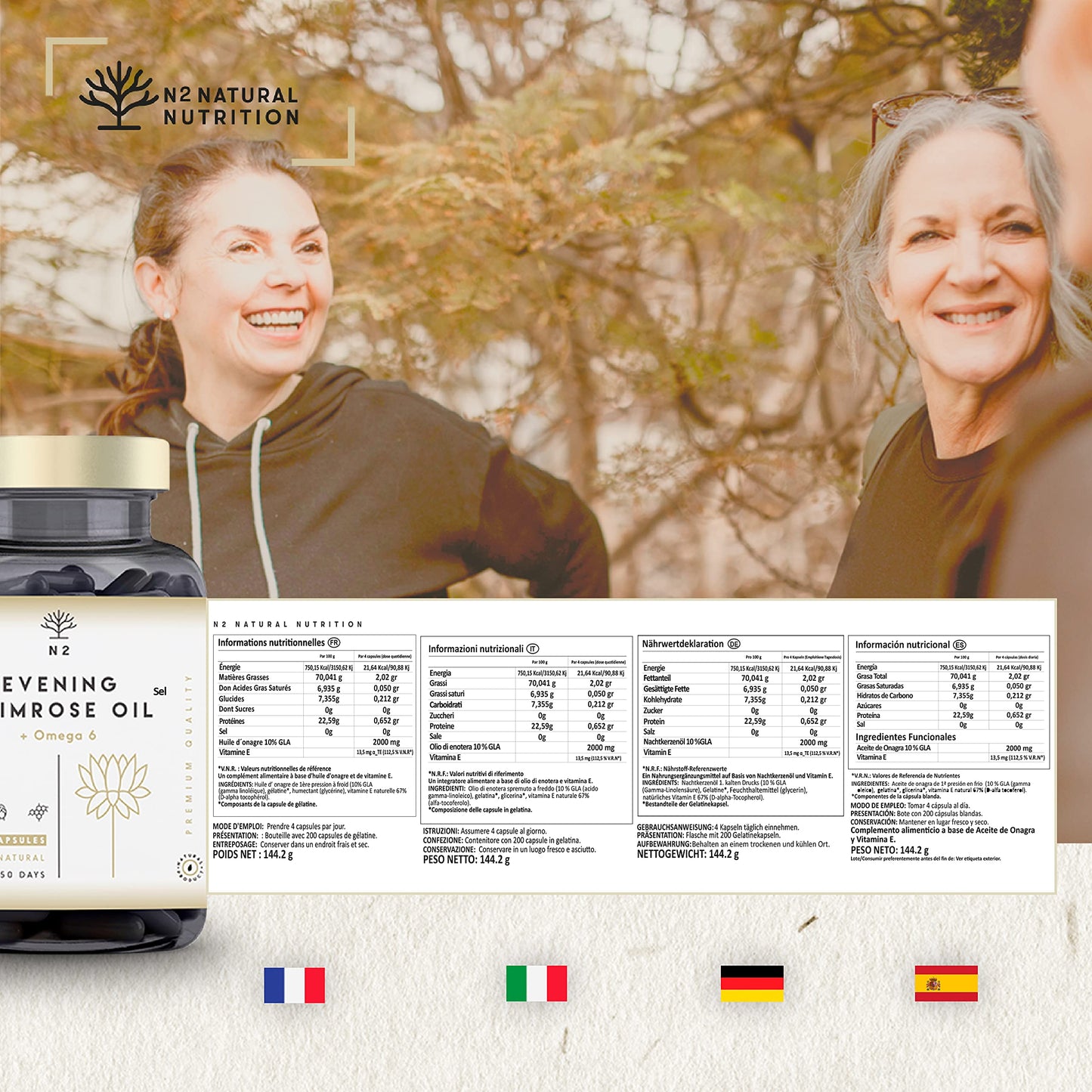 Evening Primrose Oil 2000 mg, 10% GLA. 200 Softgel Capsules with Vitamin E and Omega 6. High Strength, Easy Swallow, Cold Pressed. Menopause, Skin and Nails Care. Made in EU. N2 Natural Nutrition