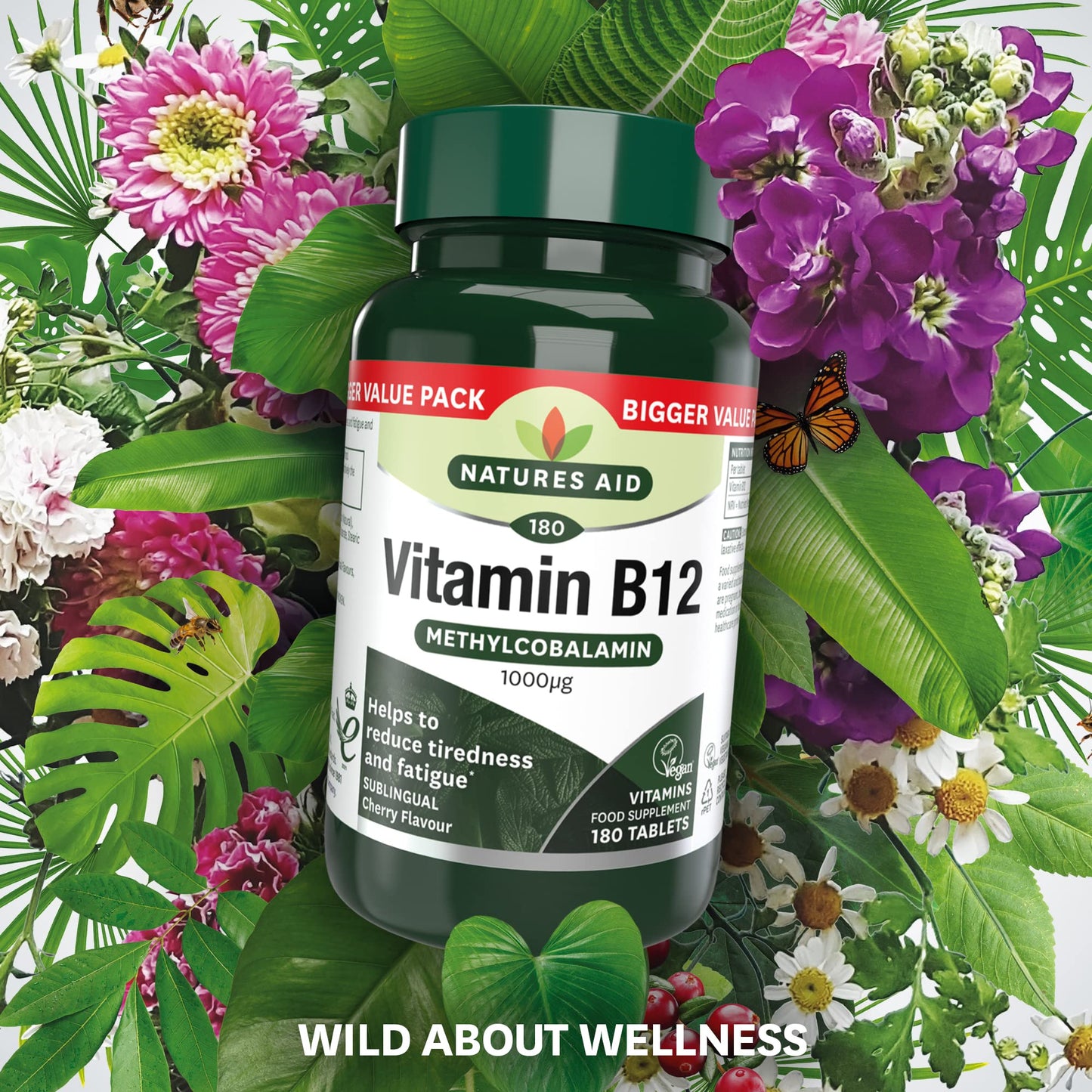 Natures Aid Vitamin B12, Methylcobalamin, One-A-Day, Cherry Flavour, 180 Tablets