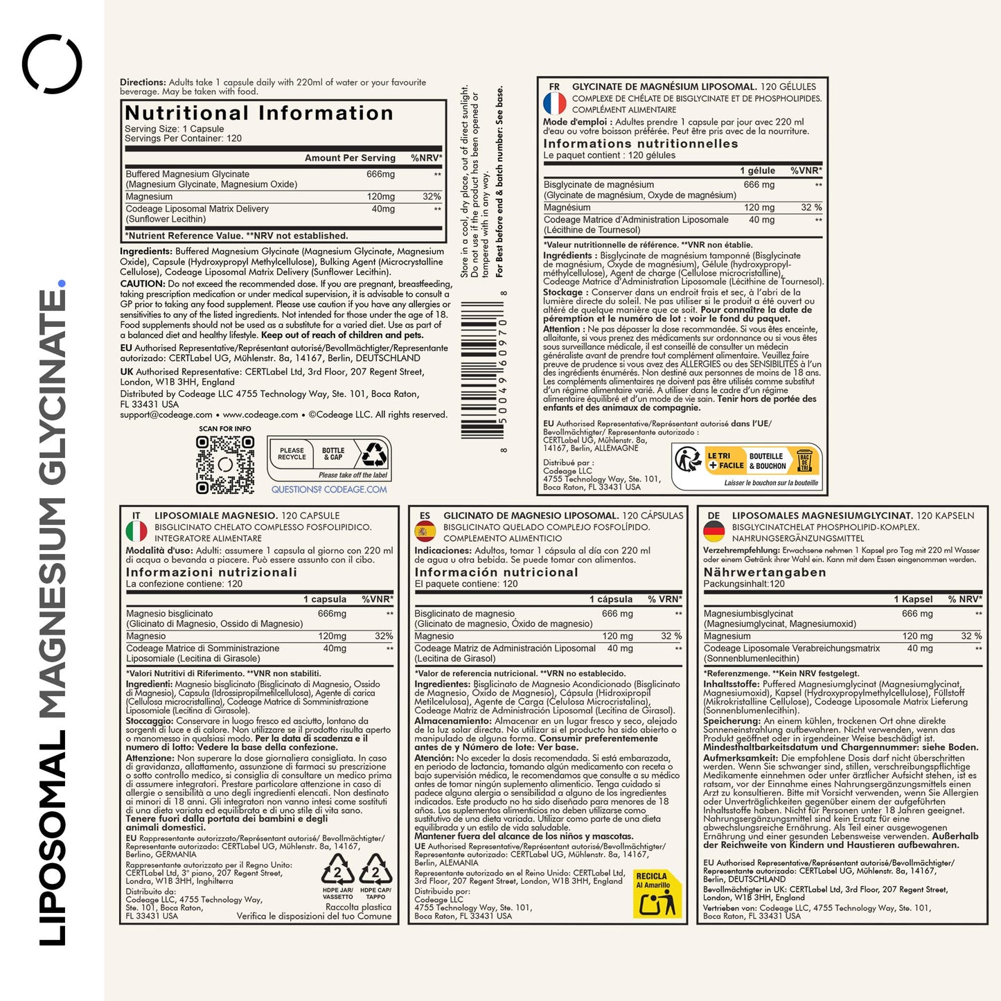 Codeage Liposomal Magnesium Glycinate Supplement, 4-Month Supply, Bisglycinate Magnesium Chelate, Chelated Magnesium Mineral Capsules, Bioavailable Non-GMO Vegan Gluten-Free, 120 Capsules