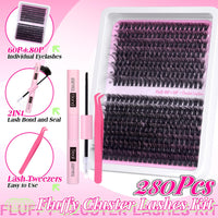 PHKERATA Fluffy Individual Eyelashes Kit 280Pcs Clusters Lashes Kit DIY Lash Extension kit Russian D Curl Lashes Individual Cluster with Lash Bond and Seal Lash Glue,Tweezers (60+80P, 10-18mm Mix)