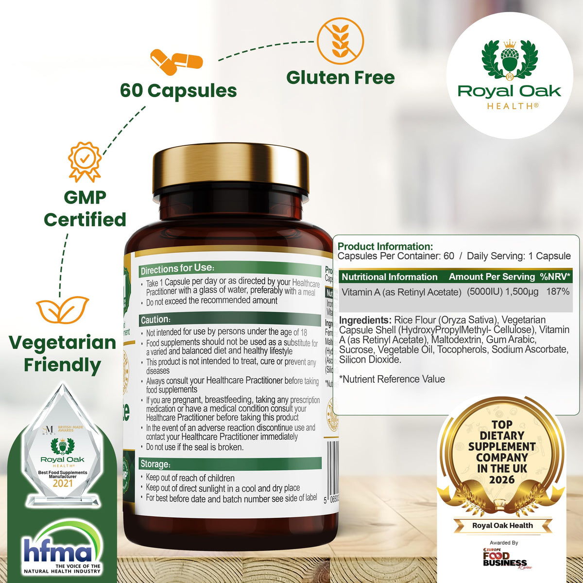 Royal Oak Health Ferrochel® Chelated Iron Bisglycinate with Vitamin C | 90 Capsules | 3 Month Supply | High Absorption, Enhanced Bioavailability Gentle on Stomach Iron | Made in Britain