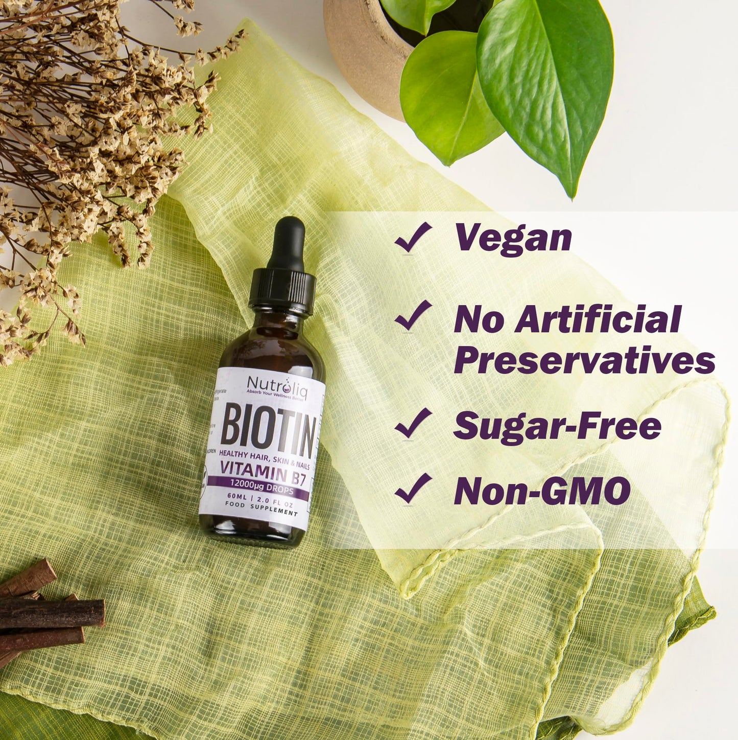 Nutroliq Absorb Your Wellness Better Nutroliq Biotin Liquid Drops - Vegan Vitamin B7 Dietary Supplement for Hair, Nail & Skin Health - Pure 12000mcg Biotin Drops for Hair Growth - Extra Strength Berry-Flavoured Vitamin H Serum - 60 ml