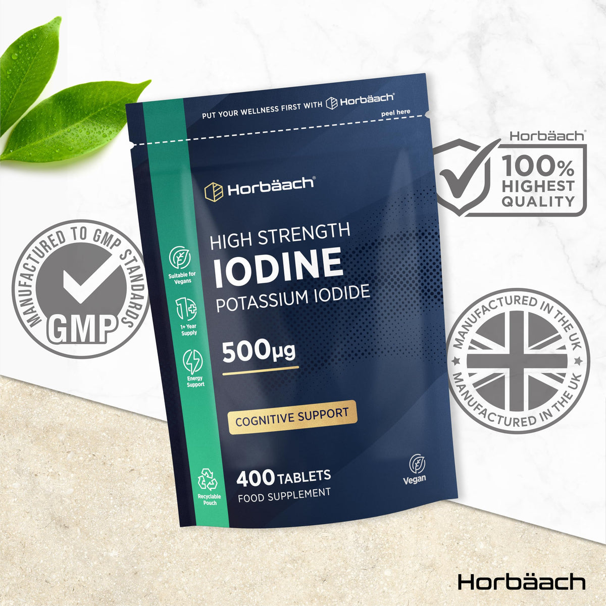 Horbäach Iodine Supplement 500mcg | 400 Vegan Tablets (1+ Year Supply) | High Strength Potassium Iodide | by Horbaach